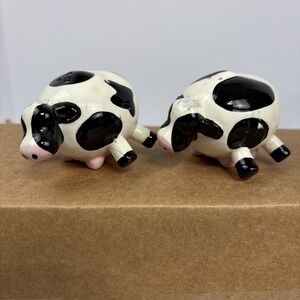Vintage Spotted Milk Cow Salt & Pepper Shakers Small Black White Novelty Ceramic